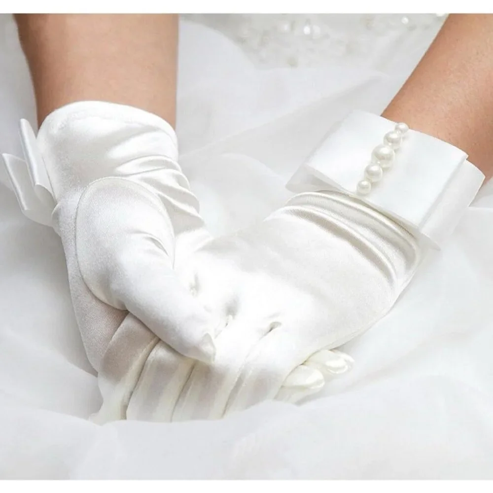Women's Embellished Satin Lvory Pearl Bow Gloves Elegant Finger Accessory